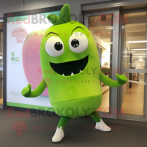 Lime Green Plum mascot costume character dressed with a Yoga Pants and Foot pads
