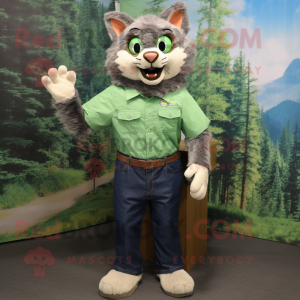 Forest Green Bobcat mascot costume character dressed with a Chambray Shirt and Foot pads