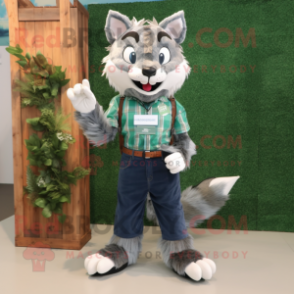 Forest Green Bobcat mascot costume character dressed with a Chambray Shirt and Foot pads