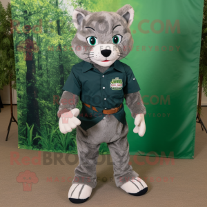 Forest Green Bobcat mascot costume character dressed with a Chambray Shirt and Foot pads