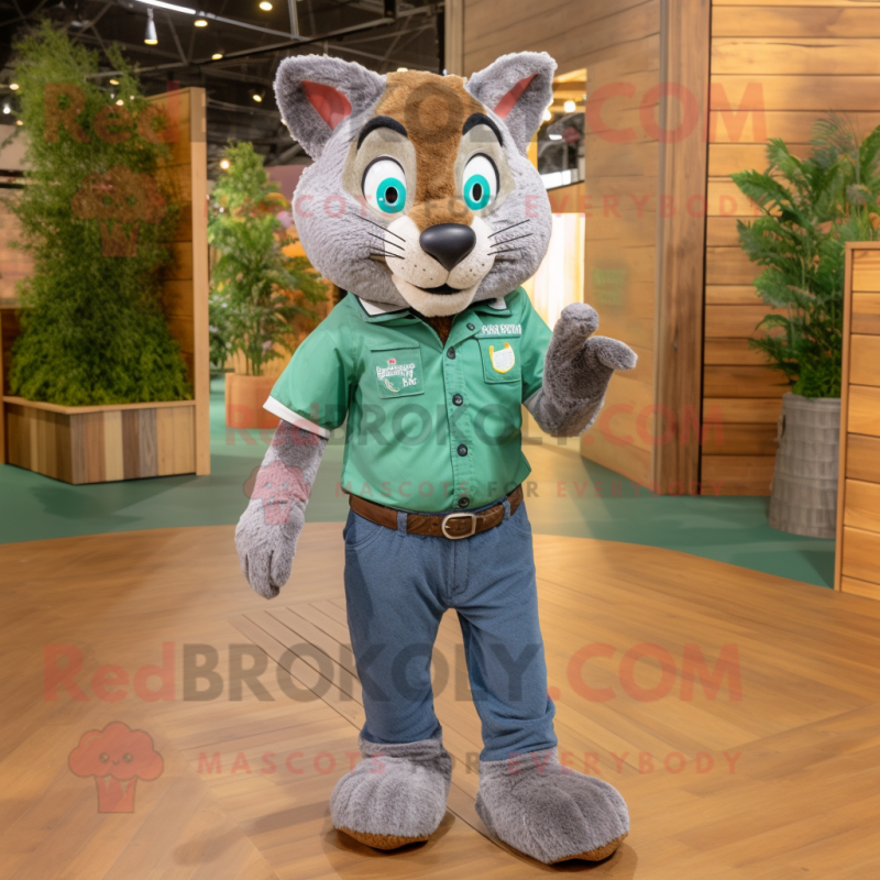 Forest Green Bobcat mascot costume character dressed with a Chambray Shirt and Foot pads