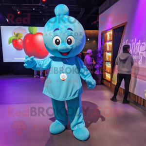 Cyan Plum mascot costume character dressed with a Romper and Berets