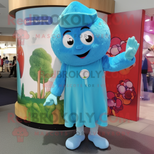 Cyan Plum mascot costume character dressed with a Romper and Berets