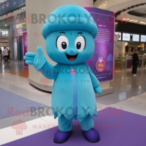 Cyan Plum mascot costume character dressed with a Romper and Berets