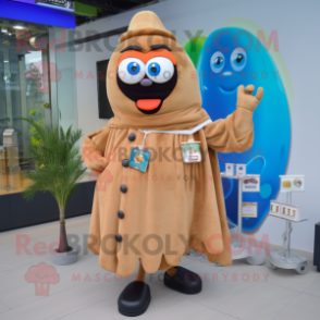 Tan Shakshuka mascot costume character dressed with a Coat and Keychains