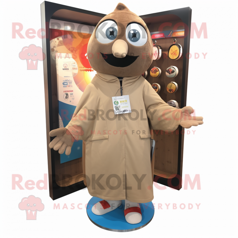Tan Shakshuka mascot costume character dressed with a Coat and Keychains