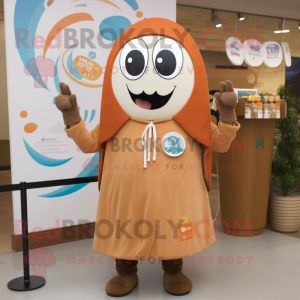 Tan Shakshuka mascot costume character dressed with a Coat and Keychains