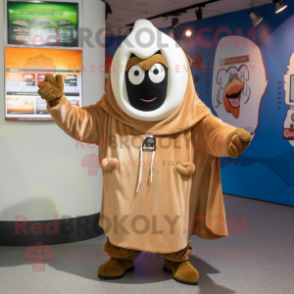 Tan Shakshuka mascot costume character dressed with a Coat and Keychains
