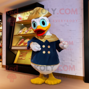 Gold Muscovy Duck mascot costume character dressed with a Board Shorts and Coin purses