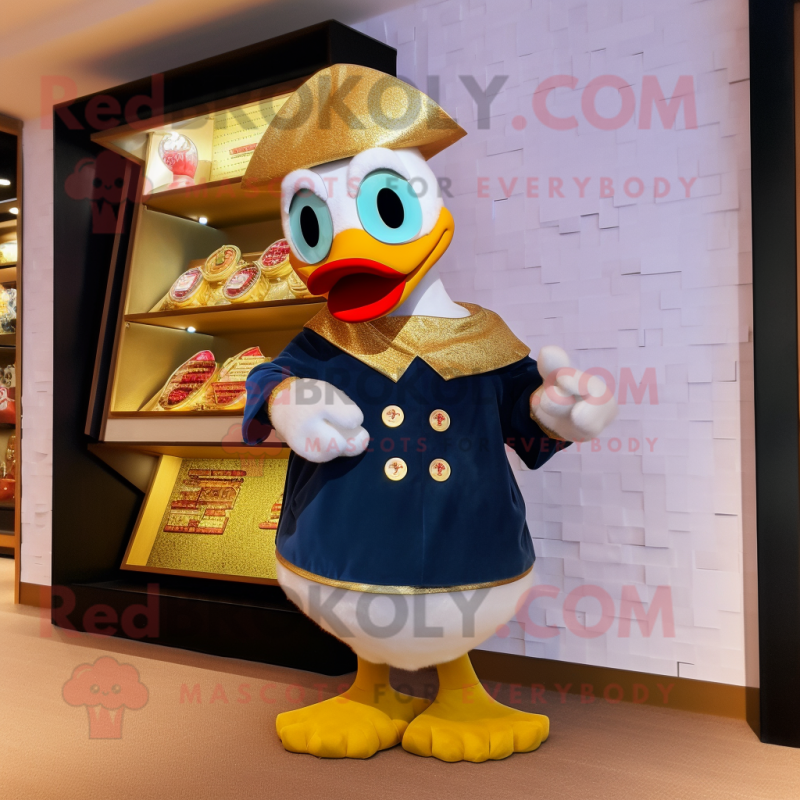 Gold Muscovy Duck mascot costume character dressed with a Board Shorts and Coin purses Gold Muscovy Duck mascot costume character dressed with a Board Shorts and Coin purses