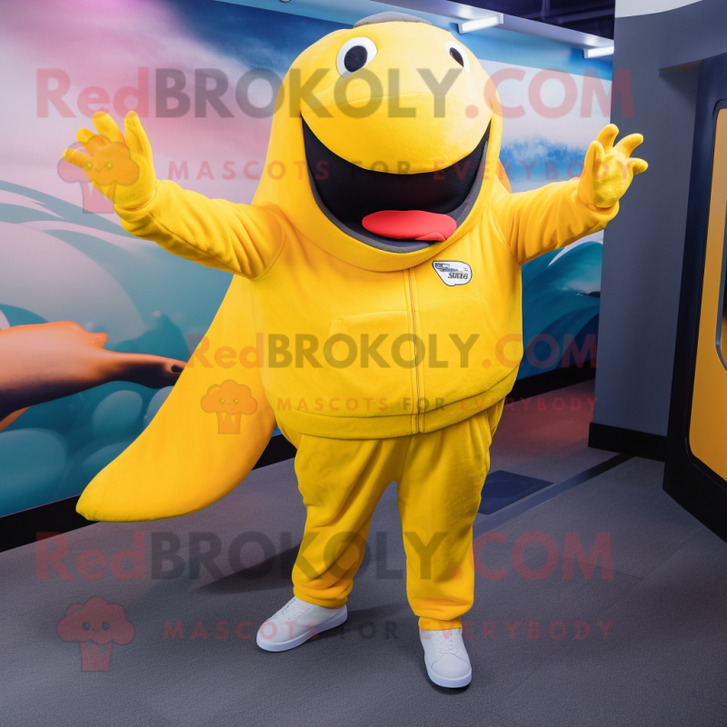 Yellow Humpback Whale mascot costume character dressed with a Joggers and Mittens Yellow Humpback Whale mascot costume character dressed with a Joggers and Mittens