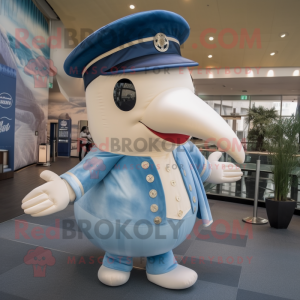 Beige Blue Whale mascot costume character dressed with a Empire Waist Dress and Hats