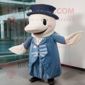 Beige Blue Whale mascot costume character dressed with a Empire Waist Dress and Hats
