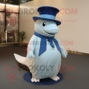 Beige Blue Whale mascot costume character dressed with a Empire Waist Dress and Hats