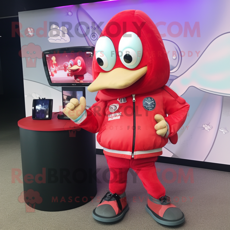 Red Ceviche mascot costume character dressed with a Bomber Jacket and Coin purses Red Ceviche mascot costume character dressed with a Bomber Jacket and Coin purses