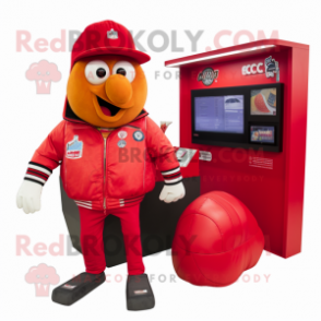 Red Ceviche mascot costume character dressed with a Bomber Jacket and Coin purses