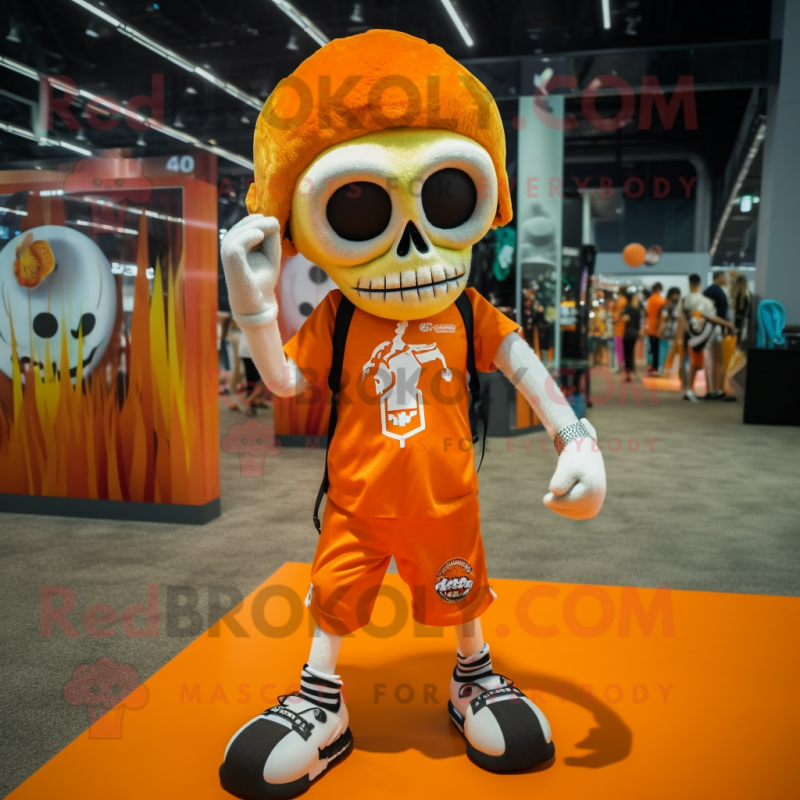 Orange Skull mascot costume character dressed with a Shorts and Headbands