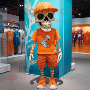 Orange Skull mascot costume character dressed with a Shorts and Headbands