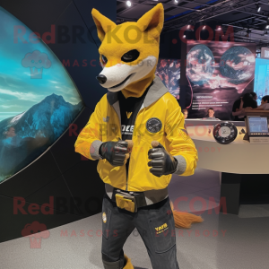 Yellow Dingo mascot costume character dressed with a Leather Jacket and Digital watches