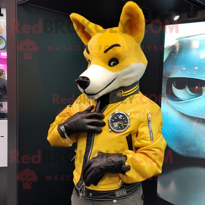Yellow Dingo mascot costume character dressed with a Leather Jacket and Digital watches