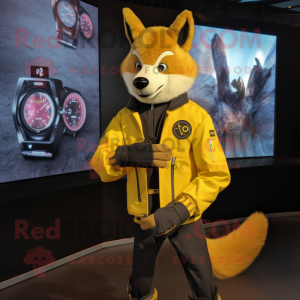 Yellow Dingo mascot costume character dressed with a Leather Jacket and Digital watches