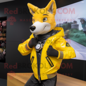 Yellow Dingo mascot costume character dressed with a Leather Jacket and Digital watches