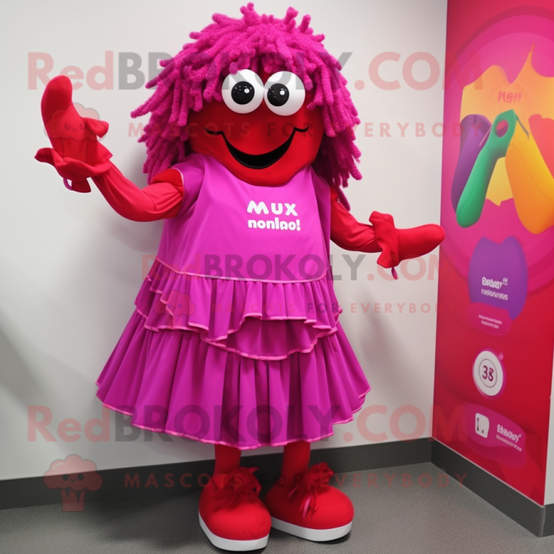 Magenta Goulash mascot costume character dressed with a Midi Dress and Shoe laces