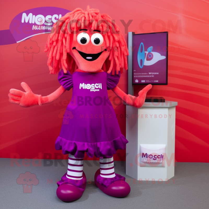 Magenta Goulash mascot costume character dressed with a Midi Dress and Shoe laces