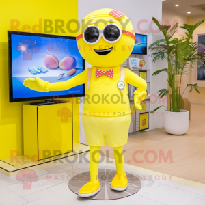 Lemon Yellow Television mascot costume character dressed with a Swimwear and Bow ties