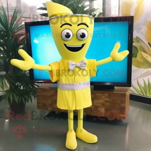 Lemon Yellow Television mascot costume character dressed with a Swimwear and Bow ties