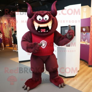 Maroon Demon mascot costume character dressed with a Sweatshirt and Wraps