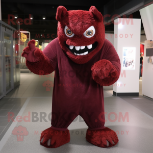 Maroon Demon mascot costume character dressed with a Sweatshirt and Wraps