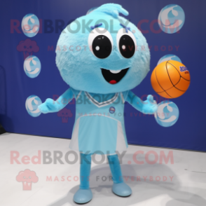 Cyan Volleyball Ball mascot costume character dressed with a Cocktail Dress and Shawl pins