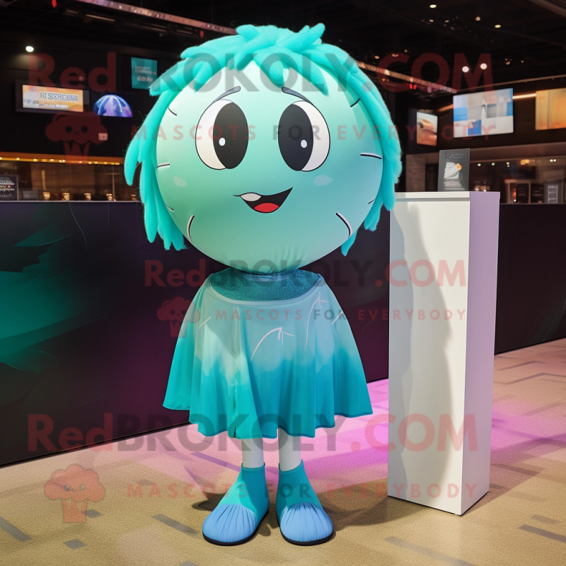 Cyan Volleyball Ball mascot costume character dressed with a Cocktail Dress and Shawl pins