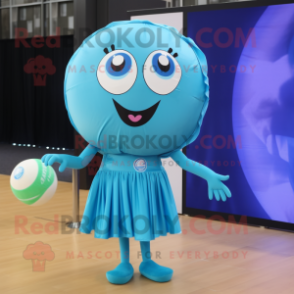 Cyan Volleyball Ball mascot costume character dressed with a Cocktail Dress and Shawl pins