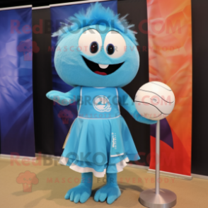 Cyan Volleyball Ball mascot costume character dressed with a Cocktail Dress and Shawl pins
