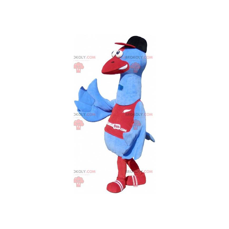 Mascote gigante ave marinha azul e vermelha com uma tampa -