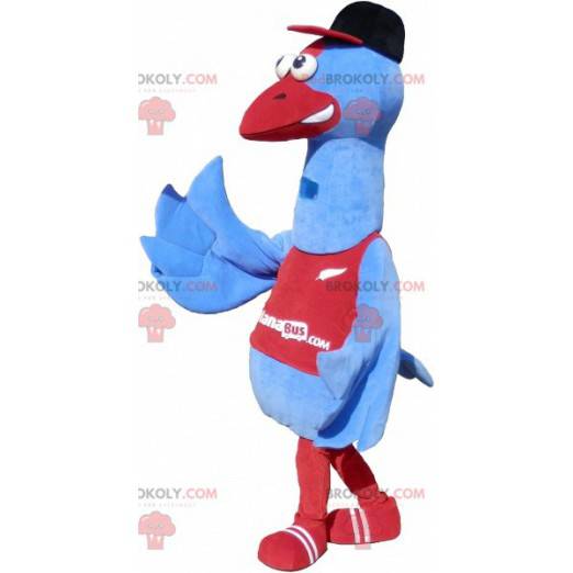 Mascote gigante ave marinha azul e vermelha com uma tampa -