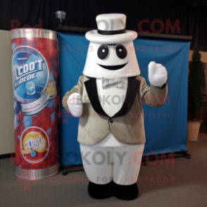 Cream Soda Can mascot costume character dressed with a Suit Jacket and Mittens