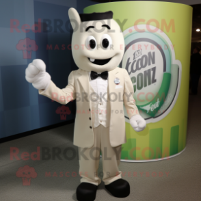 Cream Soda Can mascot costume character dressed with a Suit Jacket and Mittens