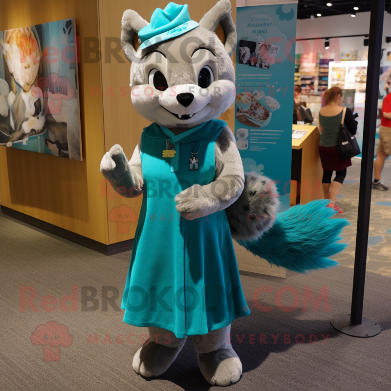 Teal Marten mascot costume character dressed with a Shift Dress and Hairpins