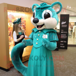 Teal Marten mascot costume character dressed with a Shift Dress and Hairpins