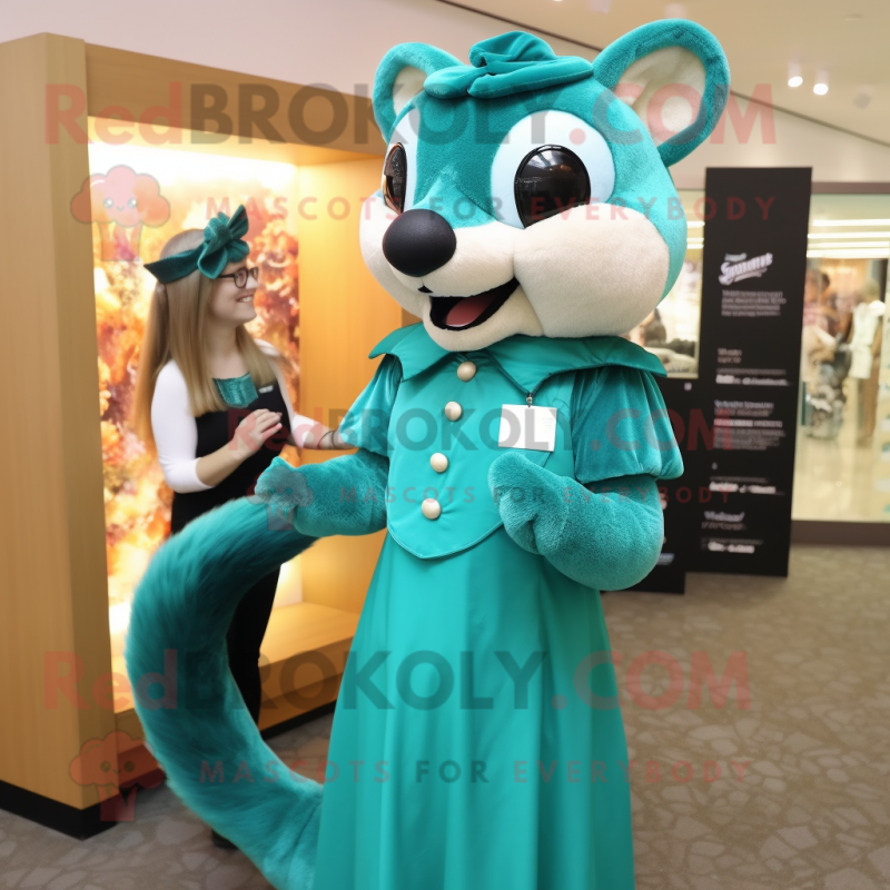 Teal Marten mascot costume character dressed with a Shift Dress and Hairpins Teal Marten mascot costume character dressed with a Shift Dress and Hairpins