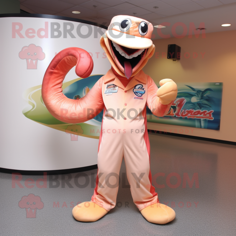 Peach Snake mascot costume character dressed with a T-Shirt and Hat pins