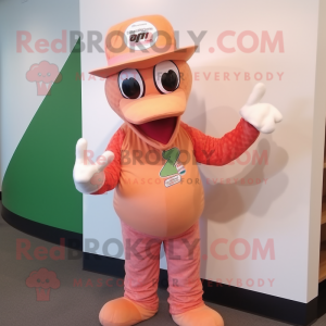 Peach Snake mascot costume character dressed with a T-Shirt and Hat pins