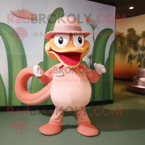 Peach Snake mascot costume character dressed with a T-Shirt and Hat pins