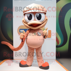 Peach Snake mascot costume character dressed with a T-Shirt and Hat pins