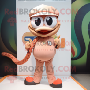 Peach Snake mascot costume character dressed with a T-Shirt and Hat pins