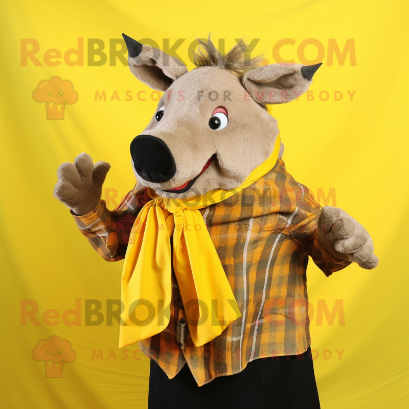Yellow Wild Boar mascot costume character dressed with a Chinos and Shawls Yellow Wild Boar mascot costume character dressed with a Chinos and Shawls