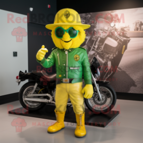Lemon Yellow Leprechaun Hat mascot costume character dressed with a Biker Jacket and Cummerbunds